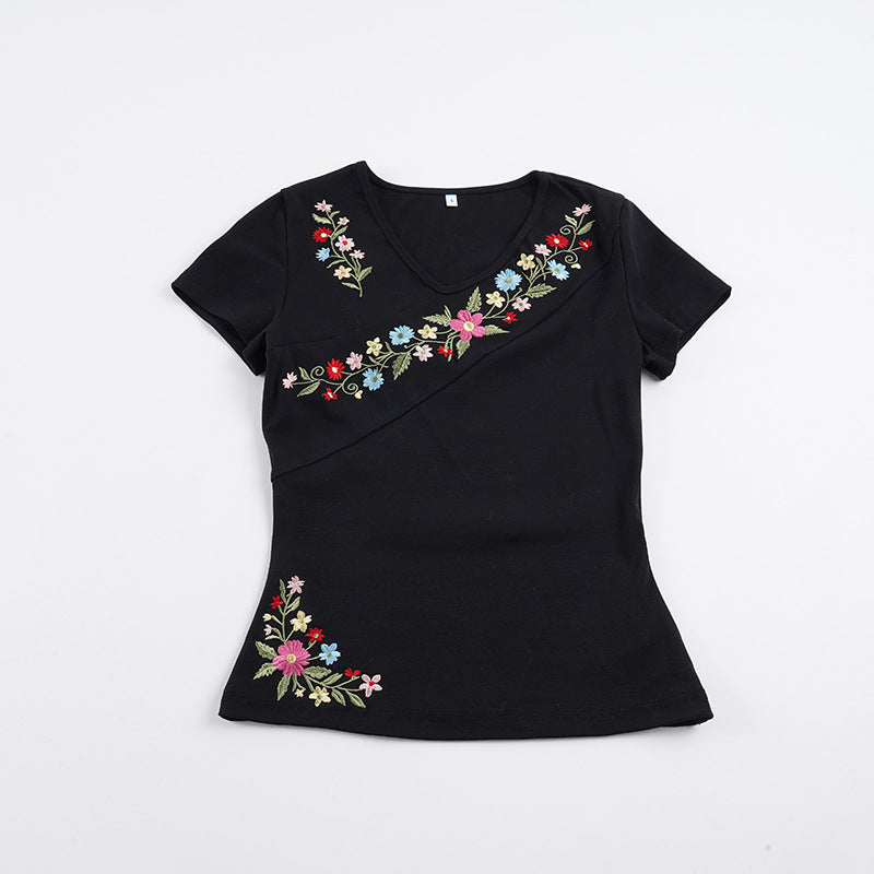 Damen V-Ausschnitt T-Shirt mit floraler Stickerei und figurbetontem Schnitt Drune