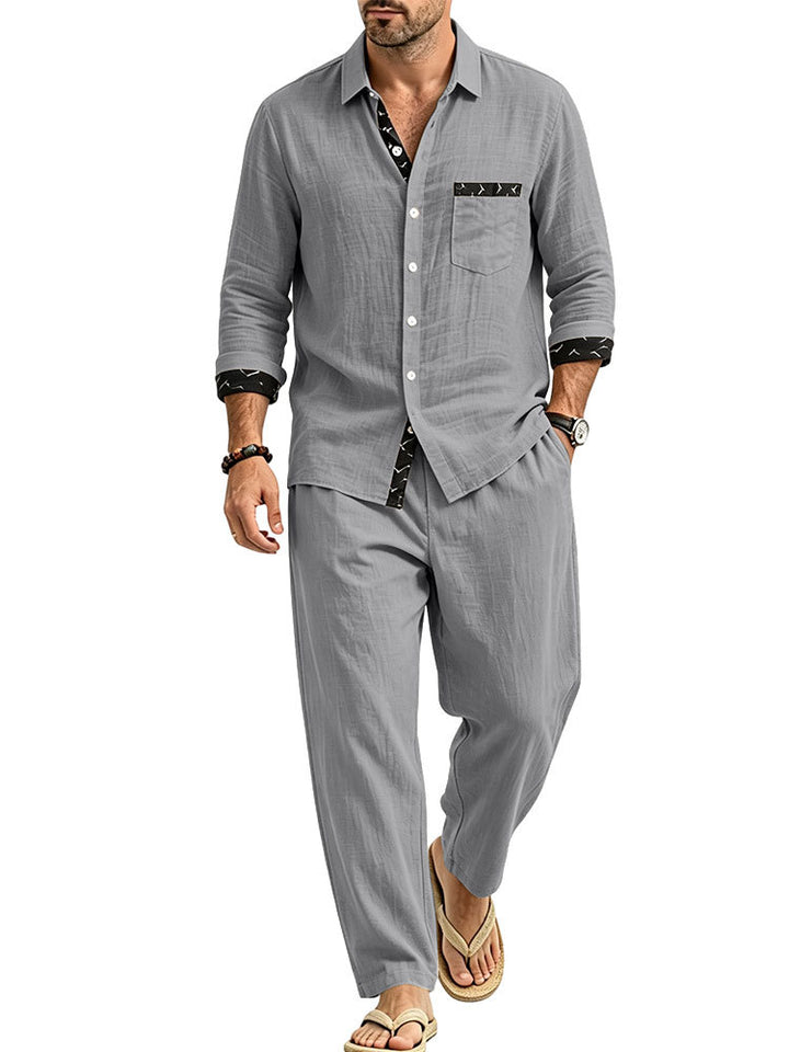 Herren Leichtes Leinenoptik Freizeit-Set mit Hemd und Relax-Hose Drune