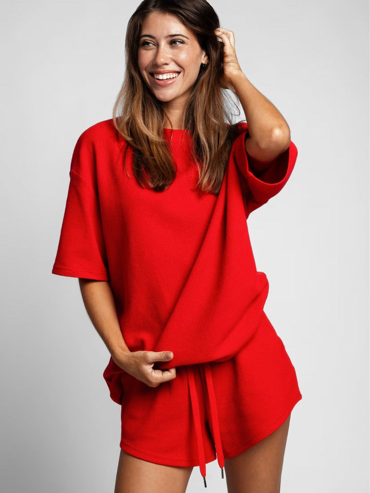 Damen lässiges Oberteil und Shorts-Set aus weichem Waffelstoff Drune