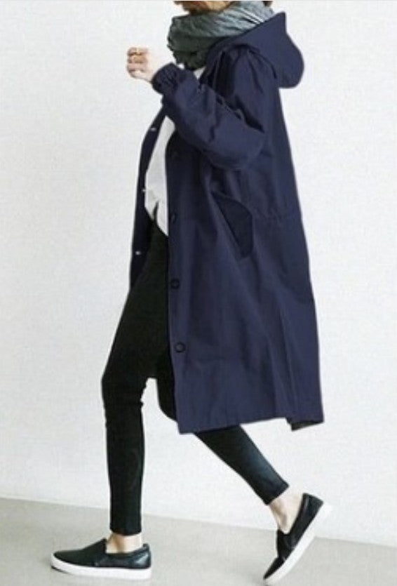 Damen nan leichter oversized Regenmantel mit Kapuze und verdeckter Knopfleiste Drune