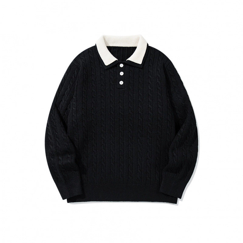 Herren Grobgestrickter Polokragen-Pullover mit Zopfmuster und Knopfleiste Drune