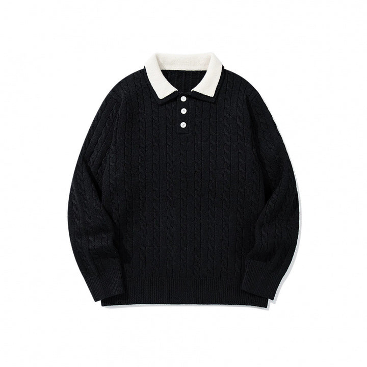 Herren Grobgestrickter Polokragen-Pullover mit Zopfmuster und Knopfleiste Drune
