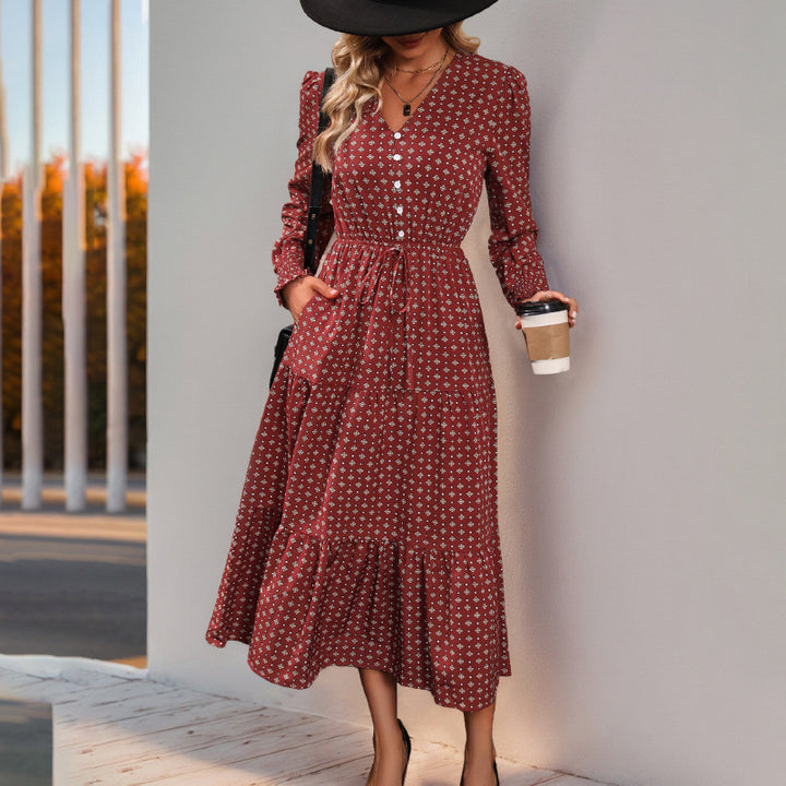 Damen Elegantes Midi-Kleid mit Rüschen und Bindeband Drune