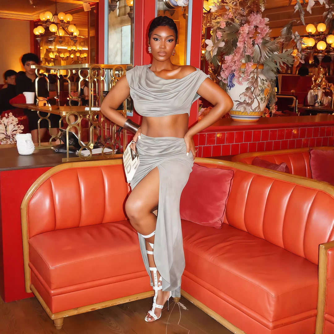 Damen Elegantes Two-Piece Set mit asymmetrischem Oberteil und gerafftem Rock Drune