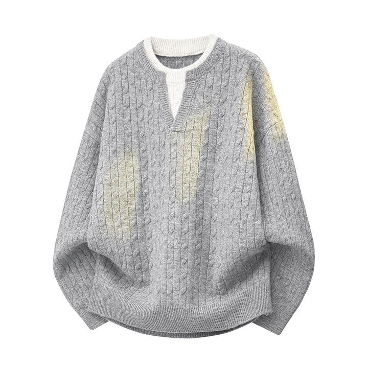 Damen Oversize Zopfstrick-Pullover mit V‑Ausschnitt und Lagenkragen Drune