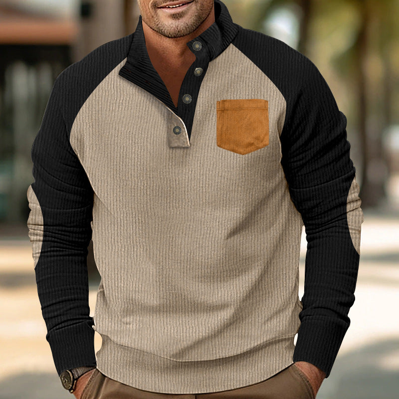 Herren Geripptes Henley‑Pullover mit Raglanärmeln, Ellenbogen‑Patches & Brusttasche Drune