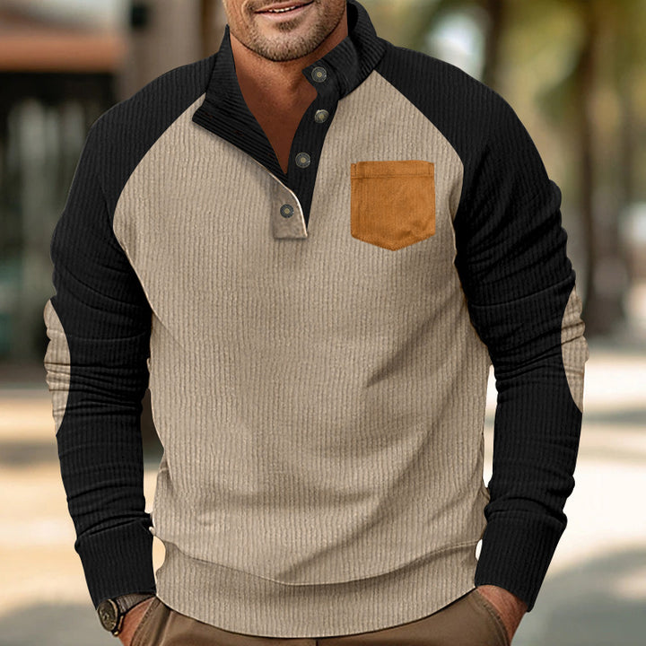 Herren Geripptes Henley‑Pullover mit Raglanärmeln, Ellenbogen‑Patches & Brusttasche Drune
