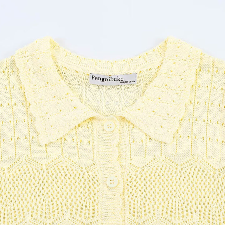 Damen luftige Strickjacke mit feinen Lochmustern und knöpfbarem Design Drune