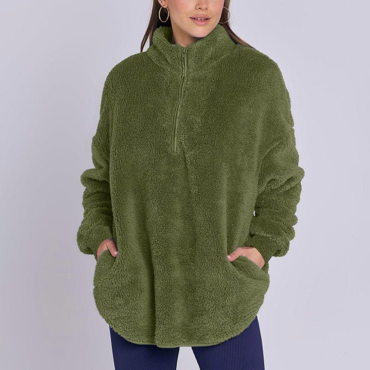 Damen Flauschiger Oversize-Sherpa-Pullover mit Halbzip und Kängurutaschen Drune