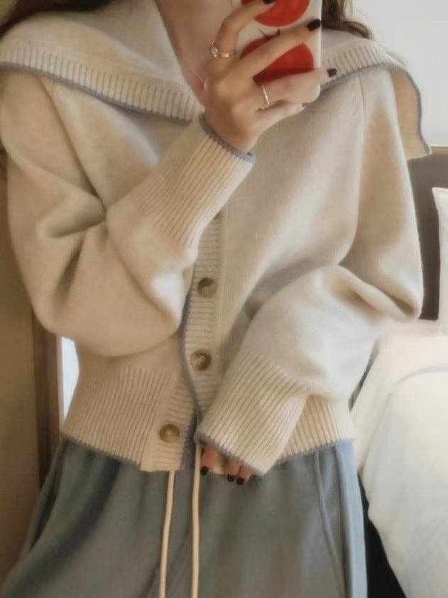 Damen Strickcardigan mit übergroßem Matrosenkragen und kontrastkante Drune