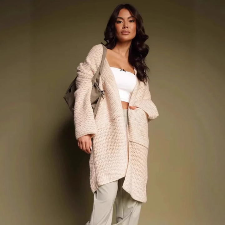 Damen oversized Strickjacke mit tiefem V-Ausschnitt und praktischen Taschen Drune