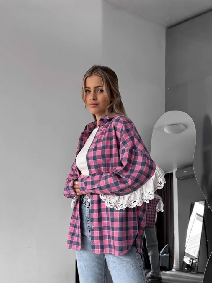 Damen Oversized Karierte Flanell-Hemdjacke mit lockerer Passform Drune