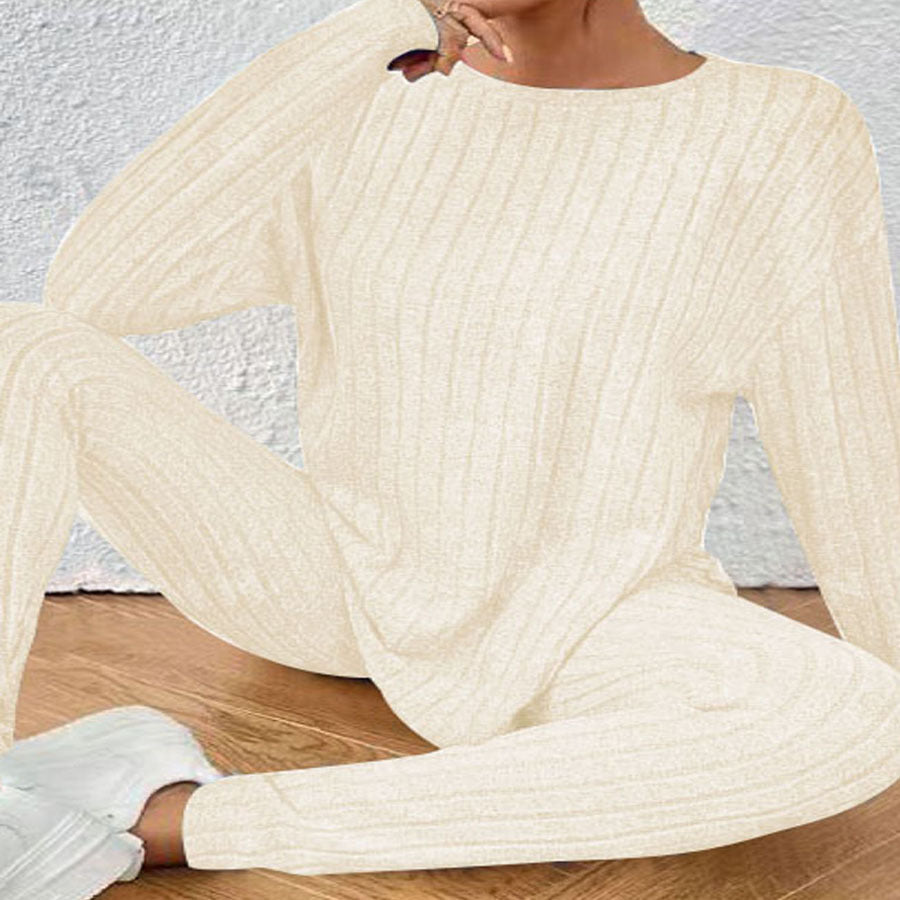 Damen Geripptes Relax‑Zweiteiler aus Feinstrick mit Rundhalsausschnitt und Slim‑Jogger Drune