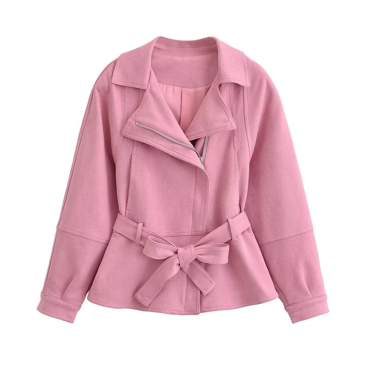 Damen Zweiteiliges Kunstleder-Set mit taillierter Bikerjacke, Bindegürtel und Midirock Drune