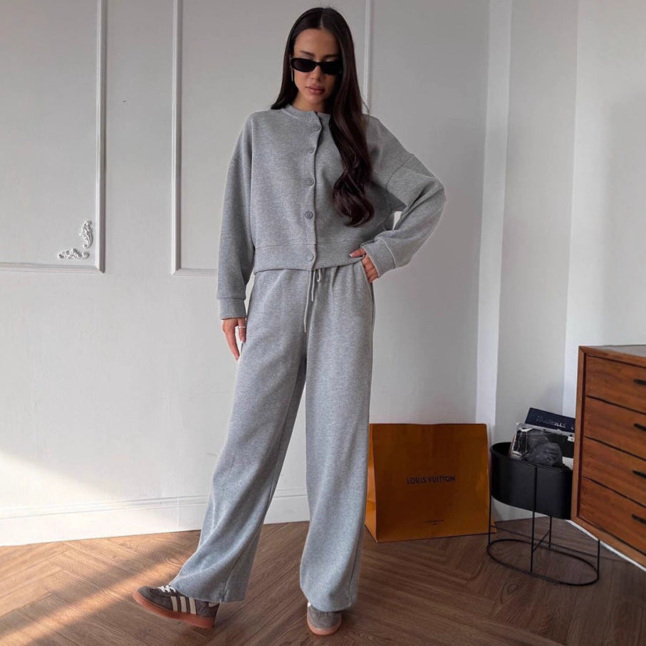 Damen Zweiteiliges Loungewear-Set aus Sweat mit geknöpfter Cropped-Jacke und weiter Kordelzughose Drune