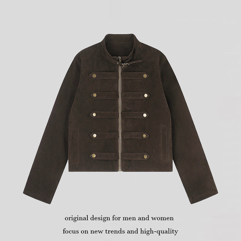 Damen Kurzjacke aus Veloursleder im militärischen Stil mit Stehkragen und Zierriegeln Drune