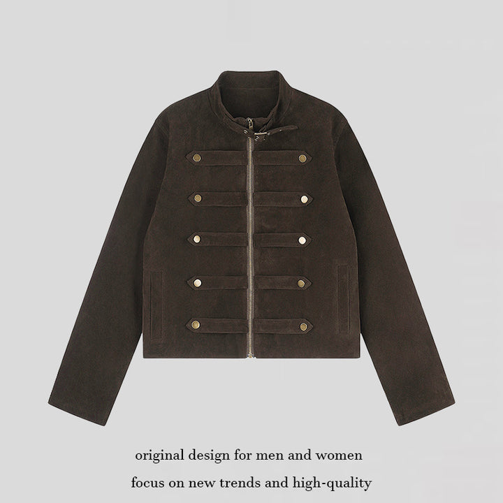 Damen Kurzjacke aus Veloursleder im militärischen Stil mit Stehkragen und Zierriegeln Drune