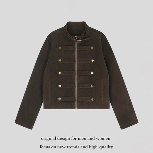 Damen Kurzjacke aus Veloursleder im militärischen Stil mit Stehkragen und Zierriegeln Drune