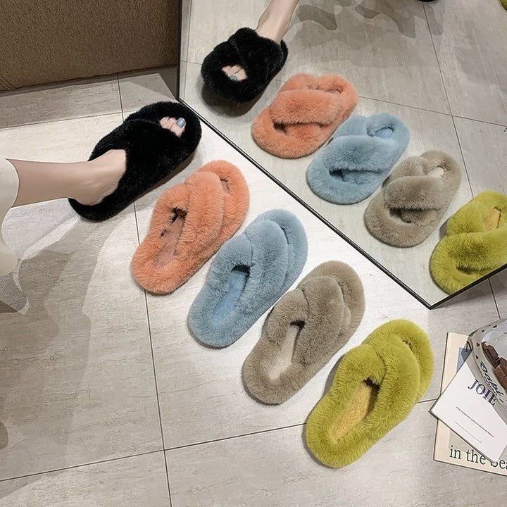 Damen Flauschige Hausschlappen mit gewendeten Riemen und ergonomischem Fußbett Drune