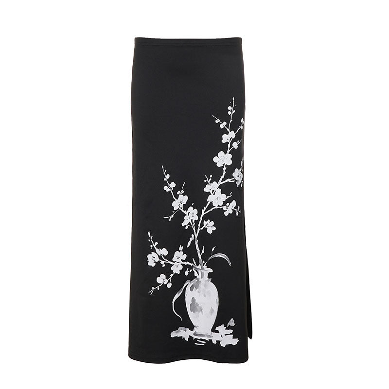 Damen Schlanker Maxirock mit künstlerischem Vase‑Blütenprint und seitlichem Schlitz Drune