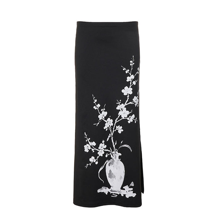 Damen Schlanker Maxirock mit künstlerischem Vase‑Blütenprint und seitlichem Schlitz Drune