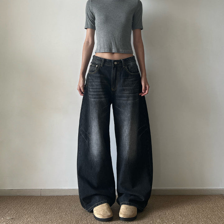 Damen Ultraweite Vintage-Denim Marlene-Jeans mit soften Used-Falten und bodenlangem Saum Drune