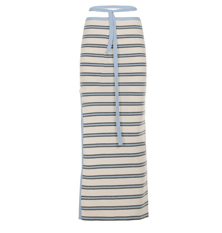 Damen Langer Jersey-Rock mit aufwendigem Streifenmuster und seitlichem Bindegürtel Drune