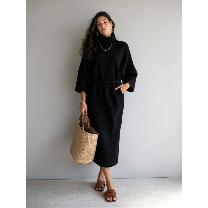 Damen Midikleid aus Rippstrick mit Rollkragen, Bindegürtel und Eingrifftaschen Drune