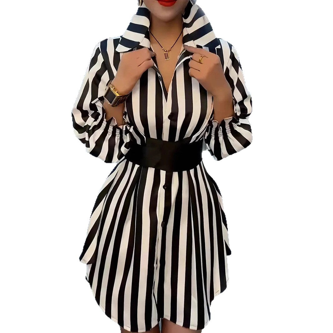 Damen Hemdblusenkleid mit markantem Streifenmuster und weitem Kragen Drune