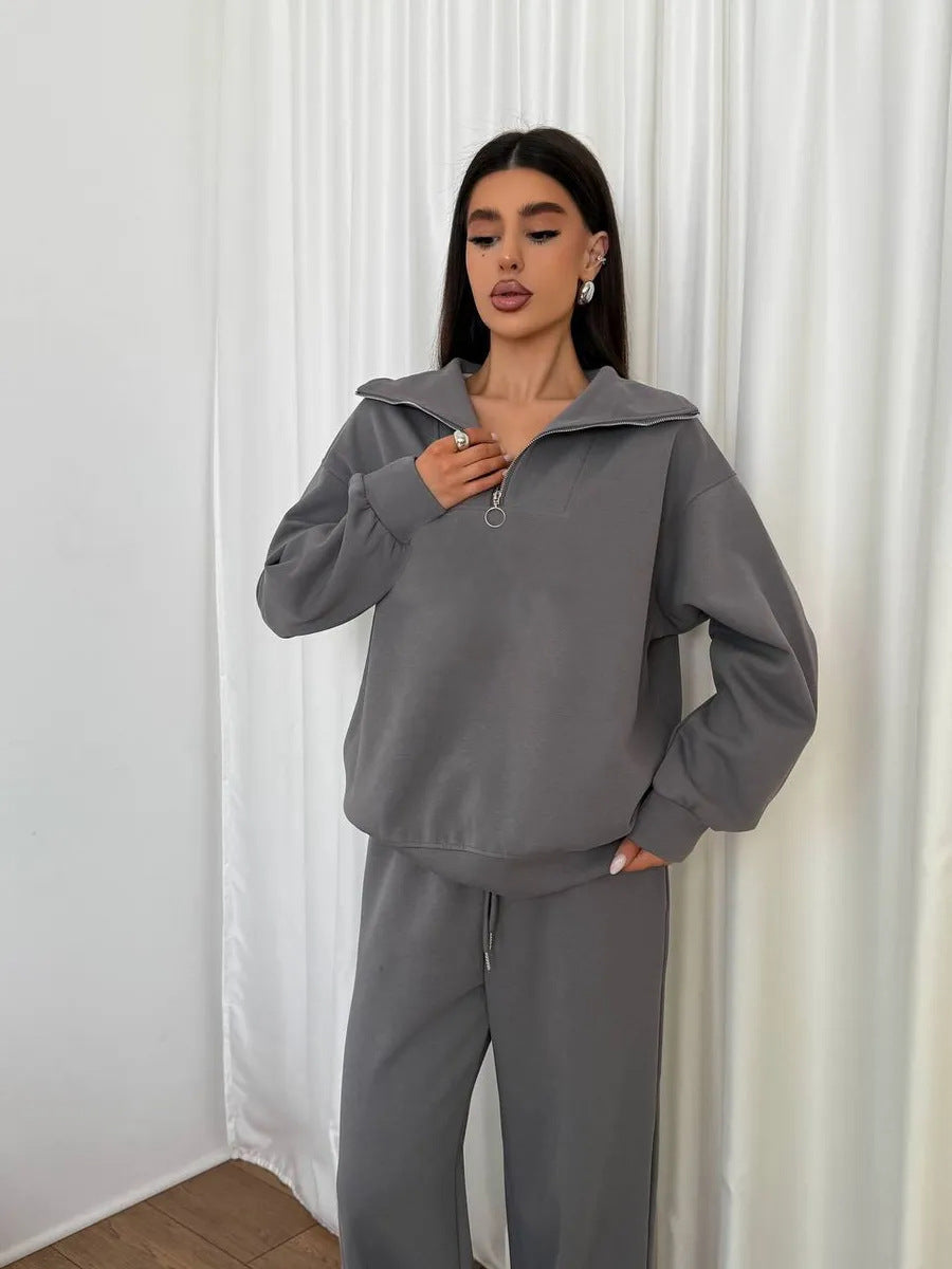 Damen lässiges Sweatset mit halbhohem Reißverschluss Kragen und weitem Jogger Drune