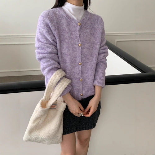 Damen Flauschiger Strickcardigan mit komfortablem Rundhalsausschnitt und echten Knöpfen Drune