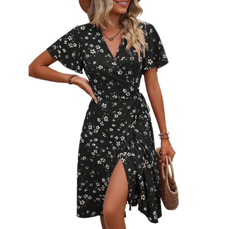 Damen Wickelkleid mit floralem Muster und seitlichem Schlitz Drune
