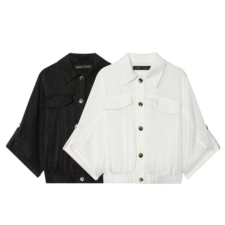 Damen kastige Overshirt-Jacke taillenkurz mit 3/4-Ärmeln und goldknöpfen Drune