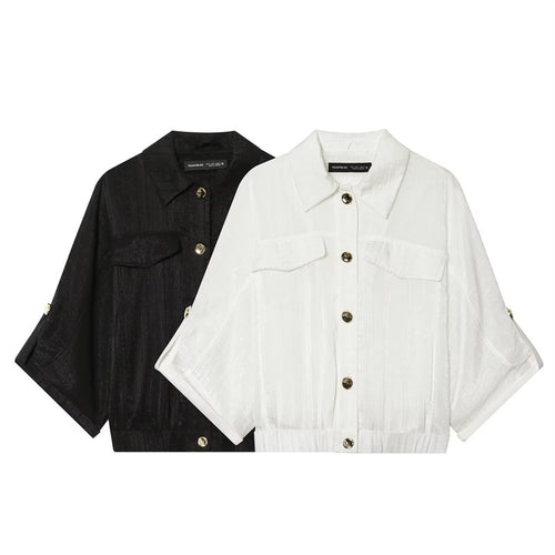 Damen kastige Overshirt-Jacke taillenkurz mit 3/4-Ärmeln und goldknöpfen Drune