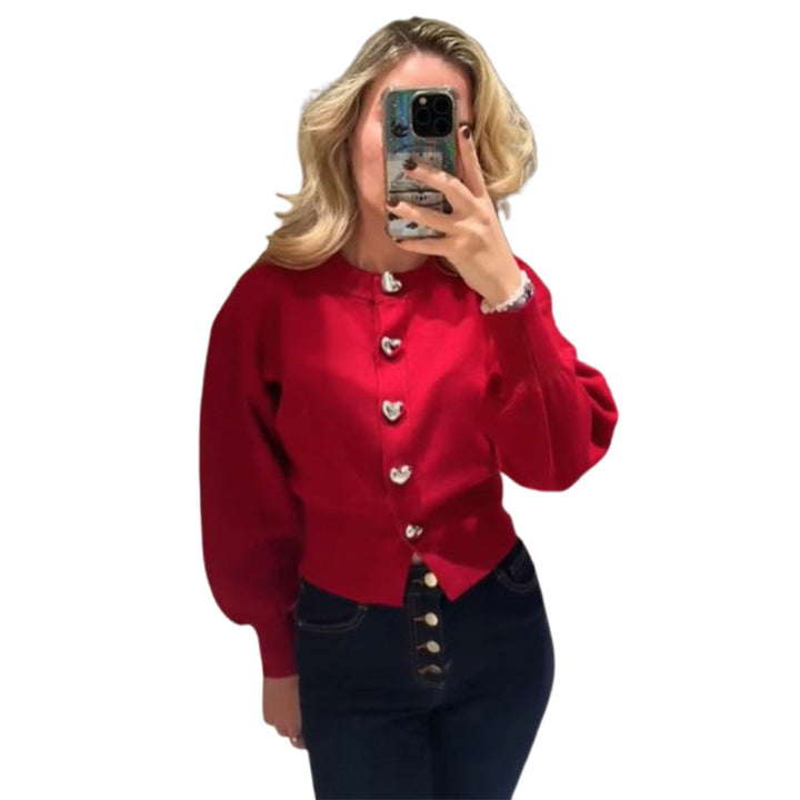Damen Pullover mit Herzknöpfen und Puffärmeln Drune