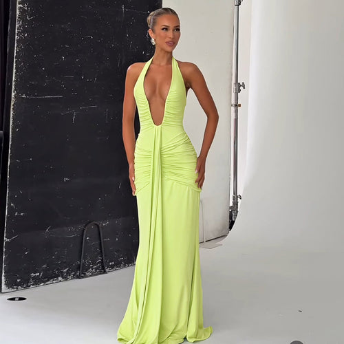 Damen Elegantes Maxi-Kleid mit tiefem V-Ausschnitt und Rüschendetails Drune