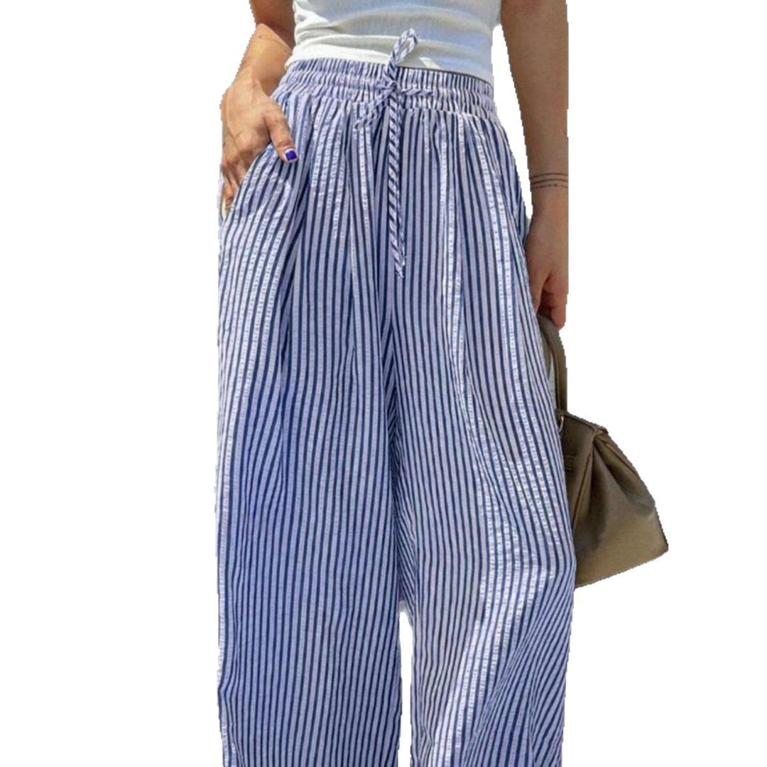 Damen Marlene-Streifenhose aus Leinenmix mit weitem Bein, Elastikbund und Kordelzug Drune