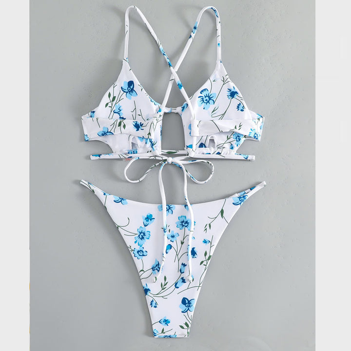 Damen Triangel-Bikini mit versetzten Trägern und floralem Muster Drune