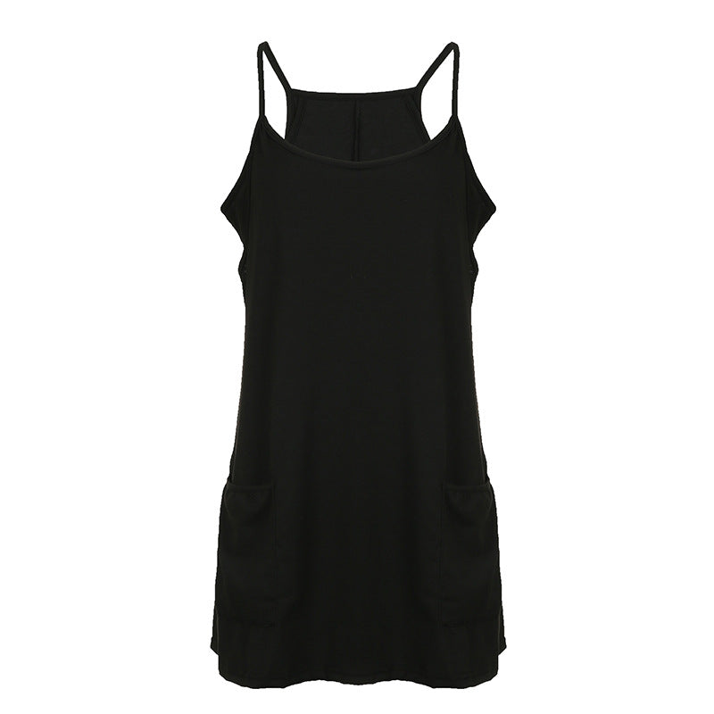 Damen ärmelloses Freizeitkleid mit Taschen und verstellbaren Trägern Drune