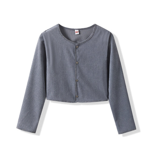 Damen Cropped Rundhals-Cardigan mit Druckknöpfen aus geripptem Strick Drune