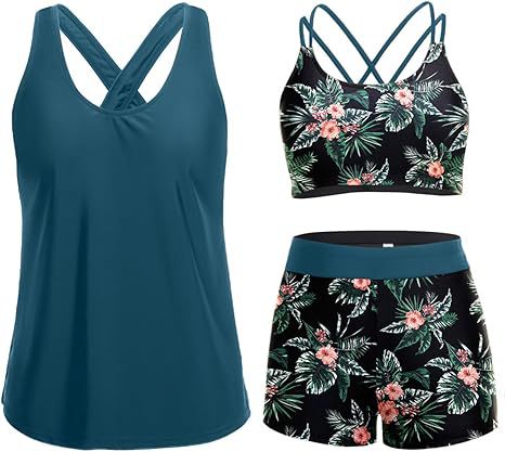 Damen Sportliches Tankini-Set mit floralem Oberteil und Shorts Drune