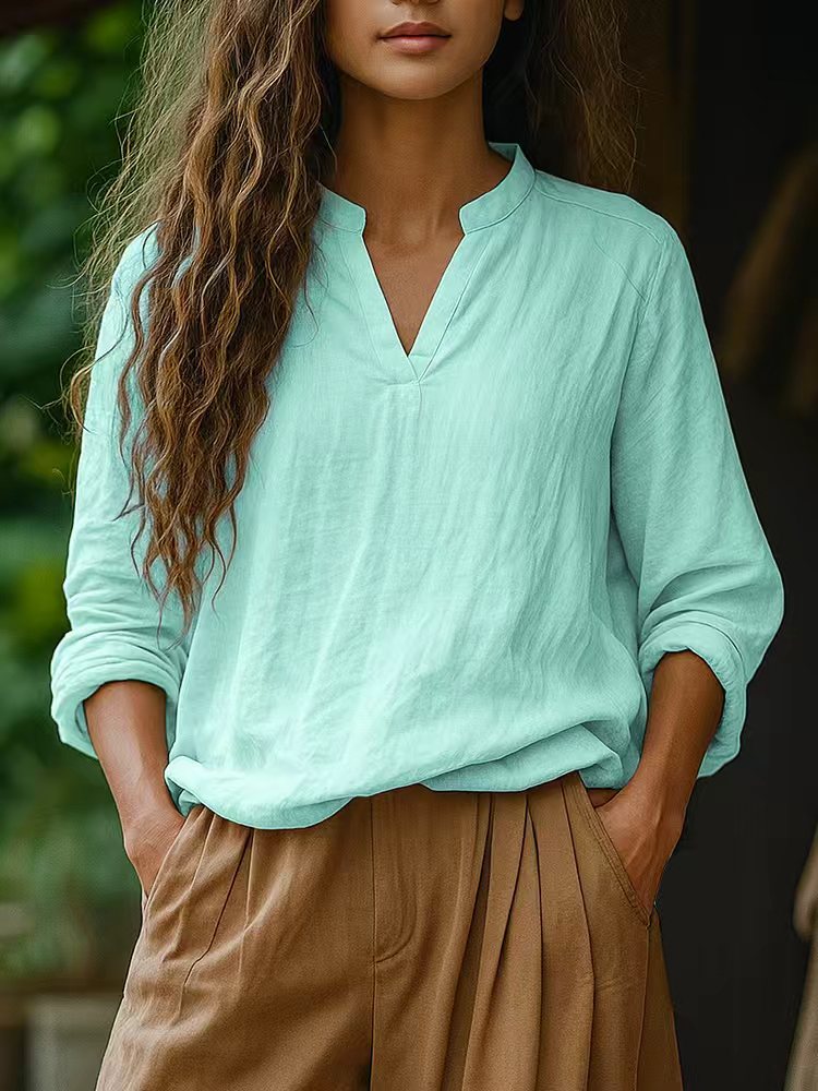 Damen Casual Tunika-Bluse in Leinenoptik mit kleinem Stehkragen und V‑Schlitz Drune