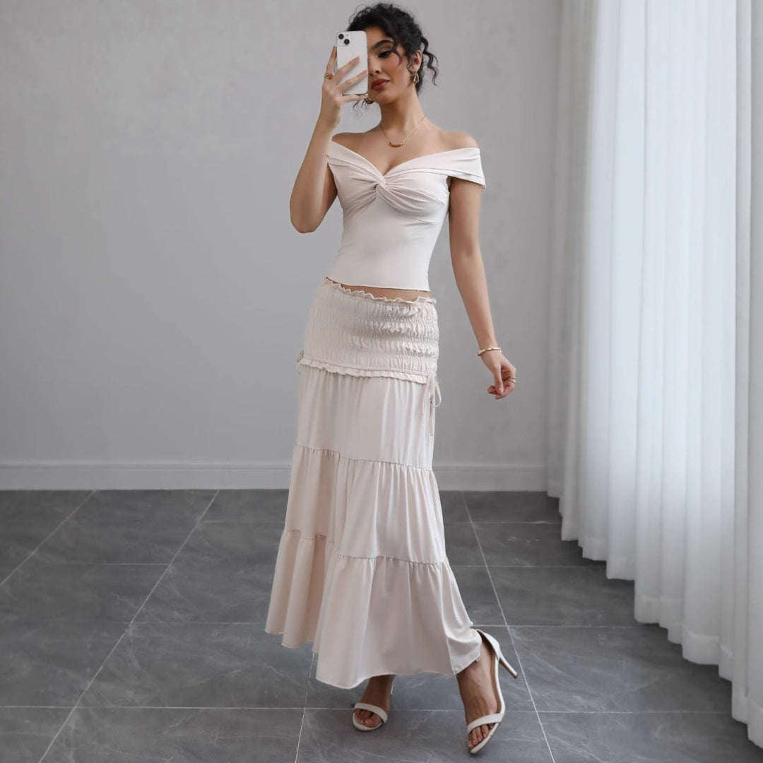 Damen Off-Shoulder Maxikleid mit gerafftem Rock und romantischem Design Drune