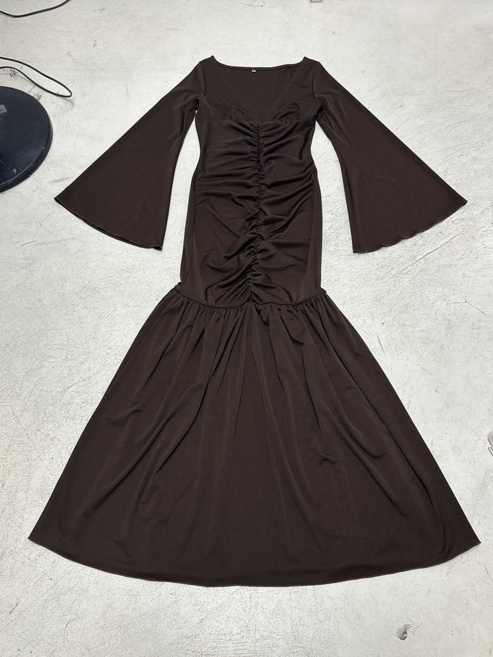 Damen nan gerafftes Maxikleid mit V-Ausschnitt, Trompetenärmeln und Stufenrüsche Drune