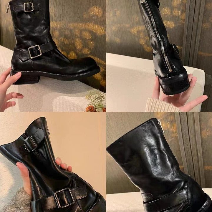 Damen Wadenhohe Biker‑Stiefel aus Glattleder mit Doppelgurt und Rückreißverschluss Drune