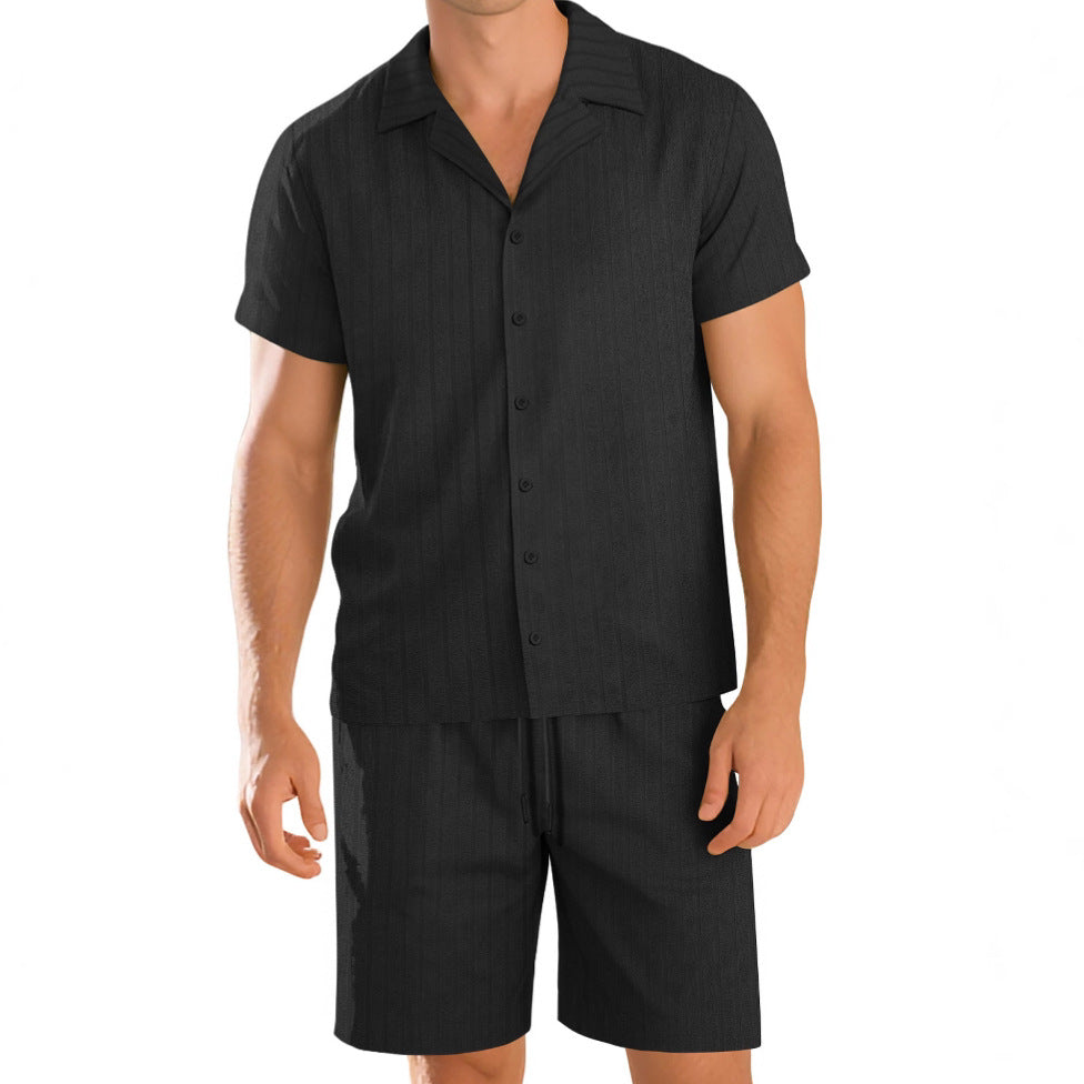 Herren nan Rippenstrick Lounge-Set mit Reverskragen Kurzarmhemd und Komfort-Bermuda Drune