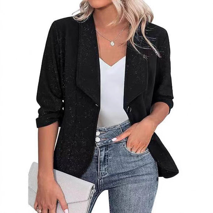 Damen Eleganter Glitzer-Blazer mit Wasserfall‑Revers, tailliertem Schnitt und 3/4‑Ärmeln Drune