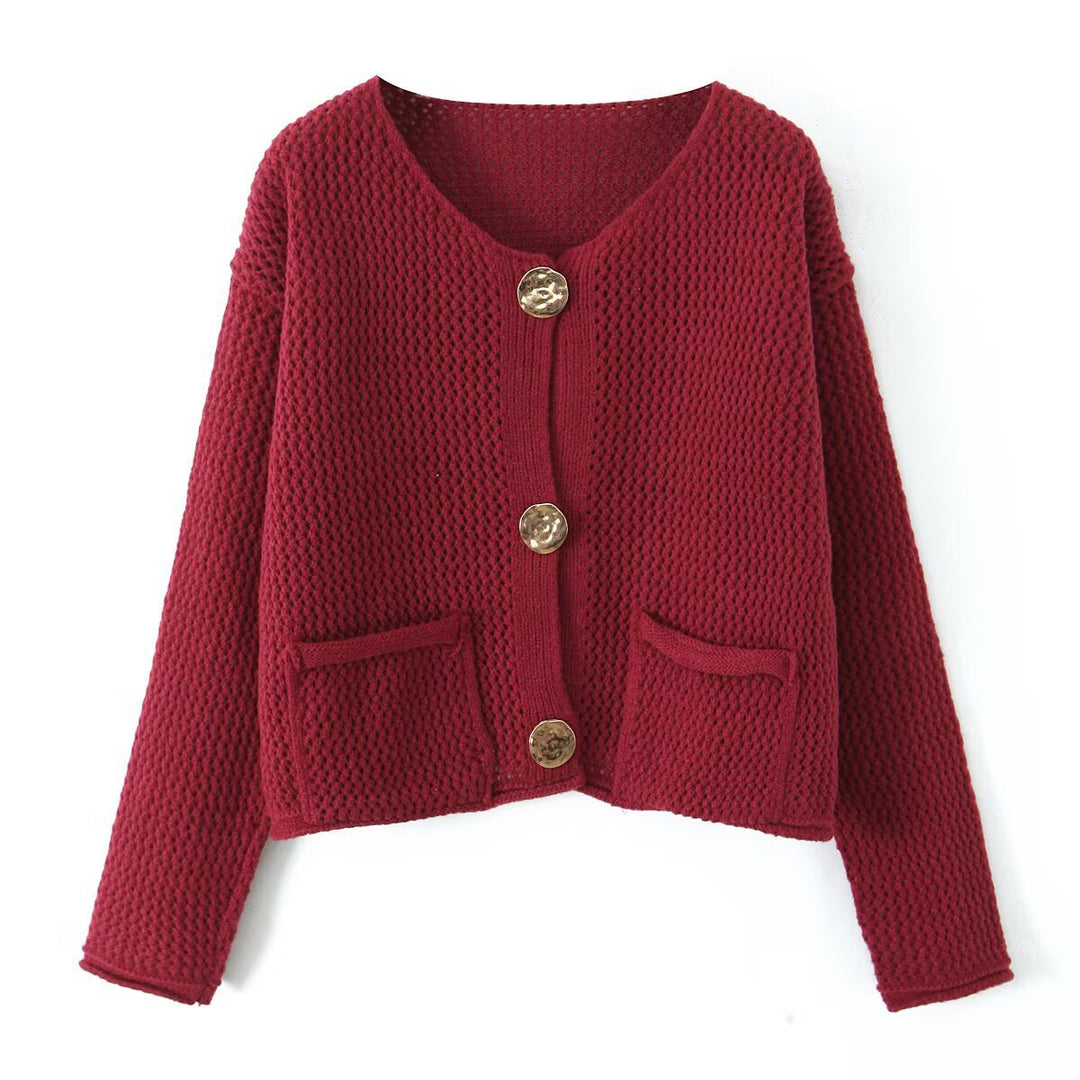 Damen luftige Strickjacke mit dekorativem Knopfverschluss und praktischen Taschen Drune