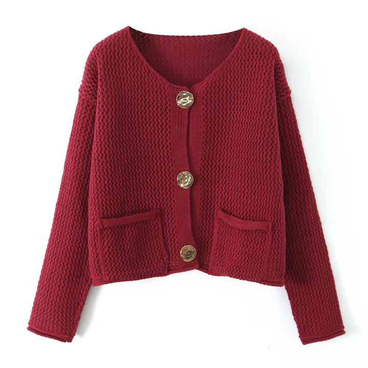 Damen luftige Strickjacke mit dekorativem Knopfverschluss und praktischen Taschen Drune