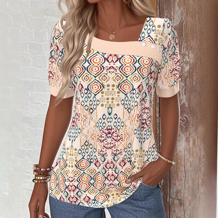 Damen nan leichtes Boho-Blusenshirt mit quadratischem Ausschnitt, Zierknopfleiste und geschwungenem Saum Drune